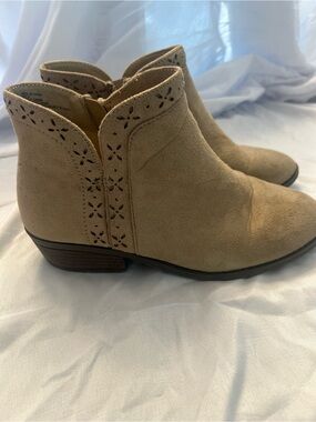 Serra Tan Suede Ankle Booties with Laser-Cut Detail